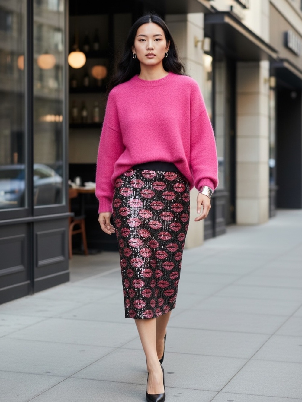 Le Superbe Liza Kiss Hot Lips Sequin Lip-Print Midi Skirt - Pink/Black xs